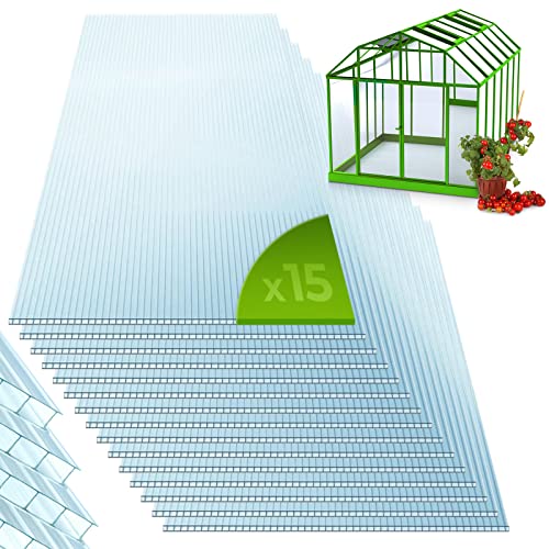Jago® Lot de 15 Plaques en Polycarbonate - à Double Paroi, Épaisseur 4 mm, 121 x 60.5 cm, 11 m², Résistant aux UV, Transparent - Feuilles, Panneaux pour Serre de Jardin