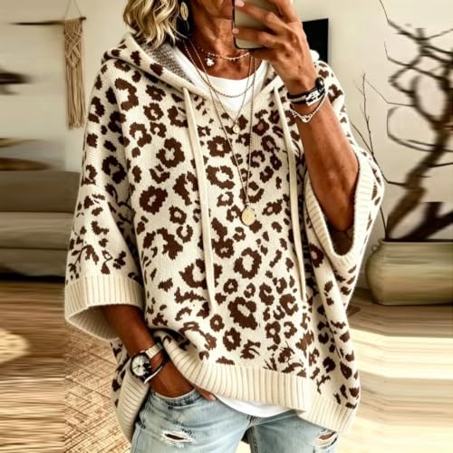 Women Leopard Hooded Knit Sweater Leopard Print Hoodie 3/4 Sleeve Hoodies - image 2