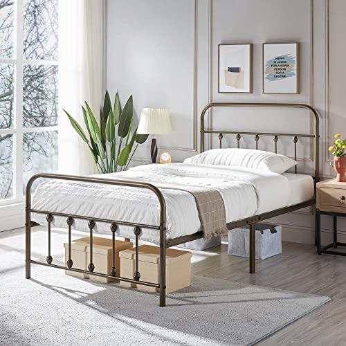 Topeakmart Twin Xl Size Victorian Style Metal Bed Frame With Headboard/Mattress Foundation/No Box Spring Needed/Under Bed Storage/Strong Slat Support Bronze #TOP10