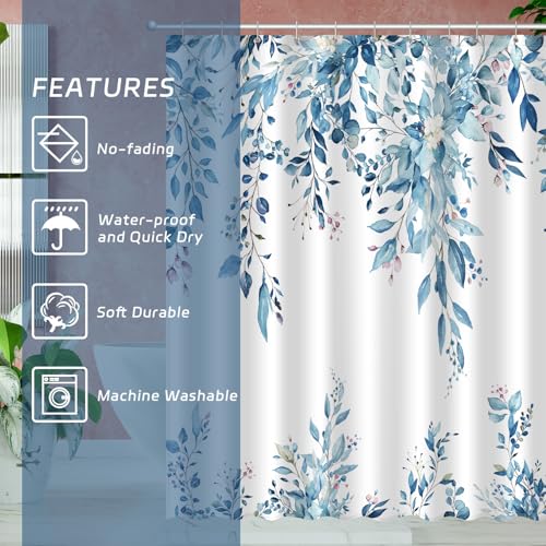 Image of Eucalyptus Shower Curtain, Aesthetic Art Watercolor Plant Leaves with Floral Bathroom Decor, Waterproof Fabric Cloth Bath Curtain Set with Hooks (Blue, 72 inch W x 72 inch L)