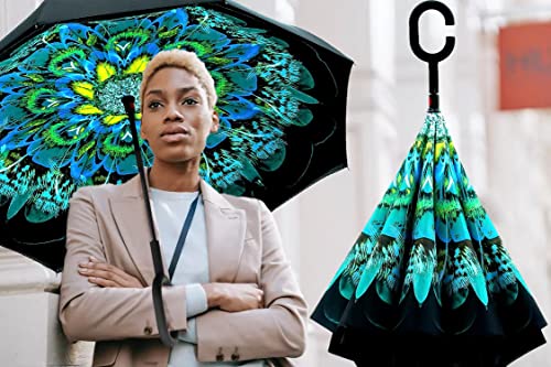 Mrtlloa Windproof Inverted Reverse Umbrella With Uv Protection, C-Shaped Handle Double Layer Stick Umbrella For Rain (Green Peacock) #TOP6