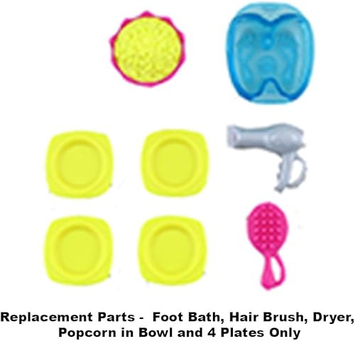 Miniatura 3 de Baño de pies de repuesto de tamaño Barbie, cepillo y secador de pelo, palomitas de maíz en tazón y 4 platos para juego de casa de muñecas Barbie