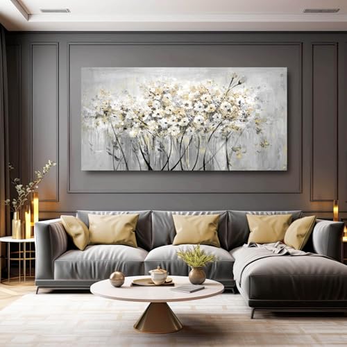 Image of Flowers Canvas Wall Art White Paintings Grey Gold Contemporary Artwork Master Bedroom Wall Decor 29 inchx 58 inch Large Framed Art for Living Room Office Home Decor