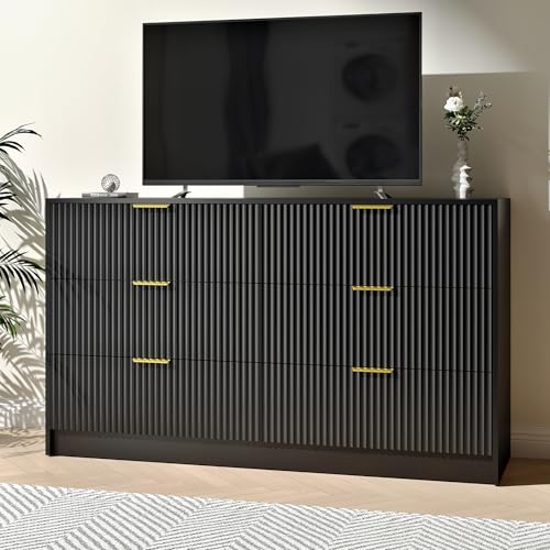 Image of Black Dresser with 6 Deep Drawers, 55 inch Wide Fluted Dresser for Bedroom with Gold Handle, Modern Chest of Drawer for Closet, Bedroom, Living Room, Black