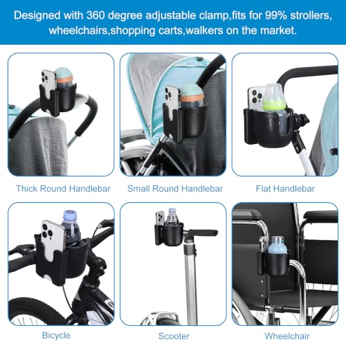Image of Accmor Stroller Cup Holder with Phone Holder, Bike Cup Holder, Universal Cup Holder for Uppababy Nuna Strollers, 2-in-1 Drinks Holder for Walker, Wheelchair, Scooter