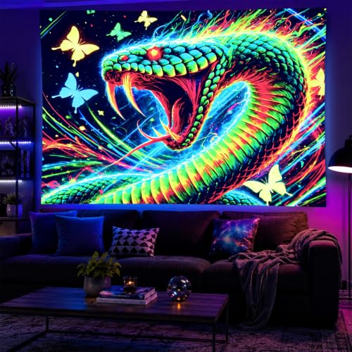 Image of BlissYard Psychedelic Dragon Blacklight Tapestry 78x59 Inch UV Reactive Wall Hanging Fantasy Castle Scene Glow in Dark Backdrop Luminous Blacklight Tapestry Aesthetic Decor Art