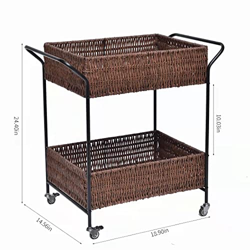 Lightweight Rattan Serving Bar Carts For Home 2 Tier Wicker Tray With 4 Lockable Wheels Drink Trolley Multi Rolling Utility Cart Storage Rack For Kitchen Dinning Living Room Hotel Wine Tea Outdoor #TOP2