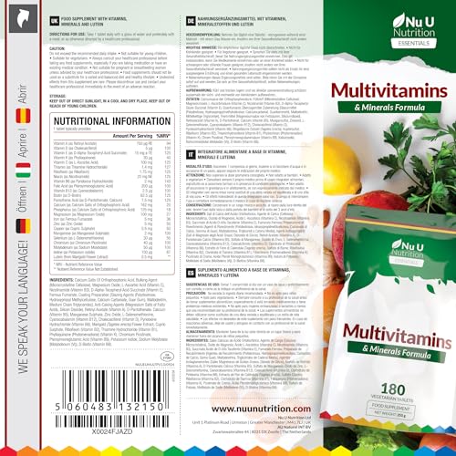 Multivitamin Tablets for Men & Women - 180 Tablets - 6 Month Supply - 25 A-Z Multivitamins & Minerals Including Iron, Zinc & Vitamin D - One a Day - Vegetarian - Made in The UK - Nu U Nutrition - 8