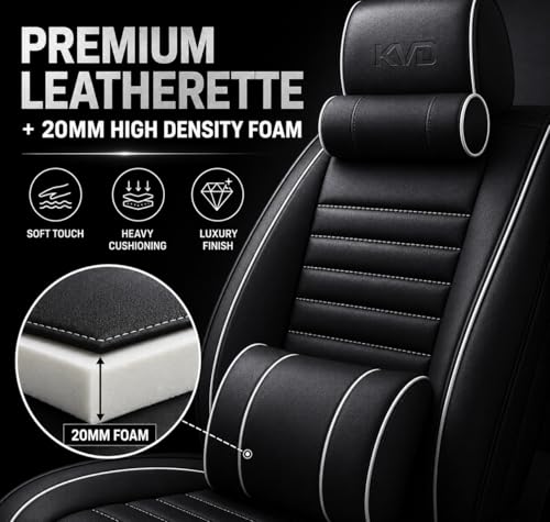 Image of KVD AUTOZONE Heavy Nappa Leather Luxury Car Seat Cover Compatible with Honda Brv Black + Silver Free Pillows and Neck Rest Set (5 Year Warranty) - Dz015 /7