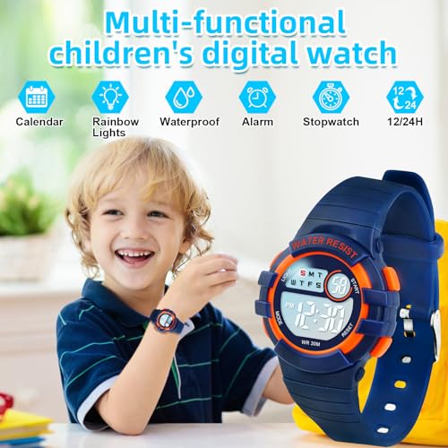 Image of Juboos Kid's Digital Watch for Boys and Girls, Waterproof LCD Digital Sports Kids Watch with 7 Color LED Lights, Stopwatch, Alarm