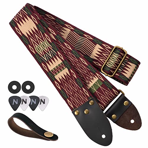 Nefelibata Guitar Strap, Red Brown Diamond Vintage Grosgrain Weave, Three Spike Leather Ended Acoustic Guitar Electric Guitar Bass Guitar Straps With Free Lock And Headstock Strap #TOP27