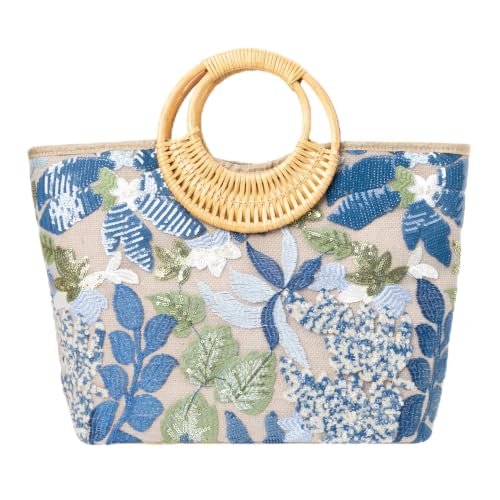 Image of Rattan Wood Handle Sequin Embroidered Floral Beach Bag Tote for Vacation and Wedding Party