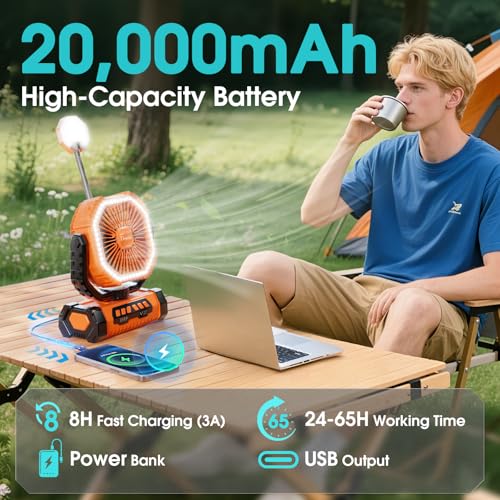 Camping Ventilator 20000mAh, Wiederaufladbarer Tischventilator USB Ventilator mit LED Licht & Haken, 270° Drehung mit Fernbedienung, Camping Fan für Indoor, Outdoor, Zelt, Grillen, Strand - Orange – Bild 3