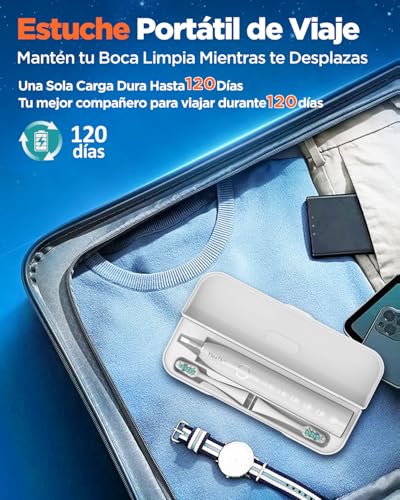Cepillo de Dientes Eléctrico Sónico Blanqueador Dental - Cepillo Electrico Sónico Adultos con 8 Cabezales y Estuche, 5 Modos, IPX7 Impermeable, Cepillo Dientes Electrico Viaje Recargable, Blanco Perla - imagen 6