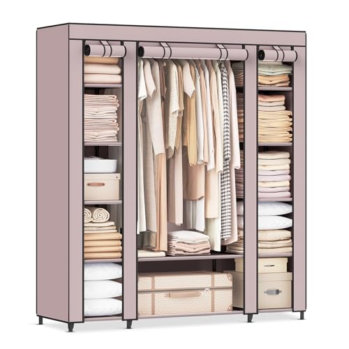 Image of SONGMICS Closet Wardrobe, Portable Closet for Bedroom, Clothes Rail with Non-Woven Fabric Cover, Clothes Storage Organizer, 59 x 17.7 x 69 Inches, 12 Compartments, Dusty Pink ULSF003P02