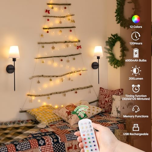 Image of Shenmoyl Battery Operated Wall Sconce, 120H Usage Time 22.6 inch Rechargeable Wall Light with Dimmable Bulb, 12 Colors Wall Sconce for Bedroom Living Room, Black