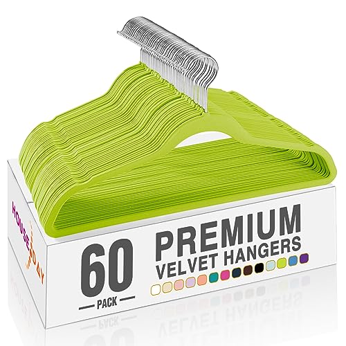 Image of HOUSE DAY Vibrant Green Velvet Hangers 60 Pack, Non Slip Clothes Felt Hanger Heavy Duty for Coat, Premium Slim Space Saving Suit Hangers for Closet Organizer, 360 Rotating Silver Hook