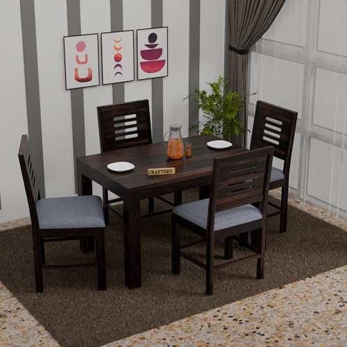 Image of 45 Inches Length Solid Sheesham Wood Dining Table Set of 4 | Wooden 4 Seater Dining Table with 4 Cushions Chairs | Dinner Table Four Seater for Living, Hotel & Cafe| Walnut Finish