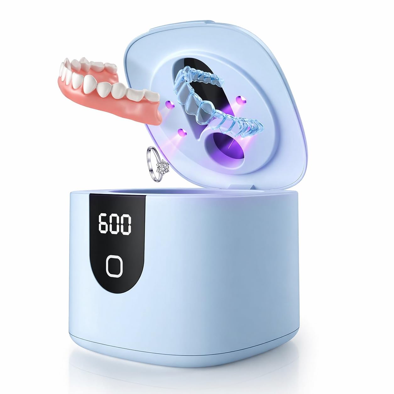 Ultrasonic Retainer Cleaner Machine, Upgraded 45kHz Ultrasonic Cleaner for Mouth Guard Braces, Night Guards, Toothbrush Heads & Jewlery with 200ML, 4 Modes and Digital Timer Dental Cleaning Pod（Blue） - 2