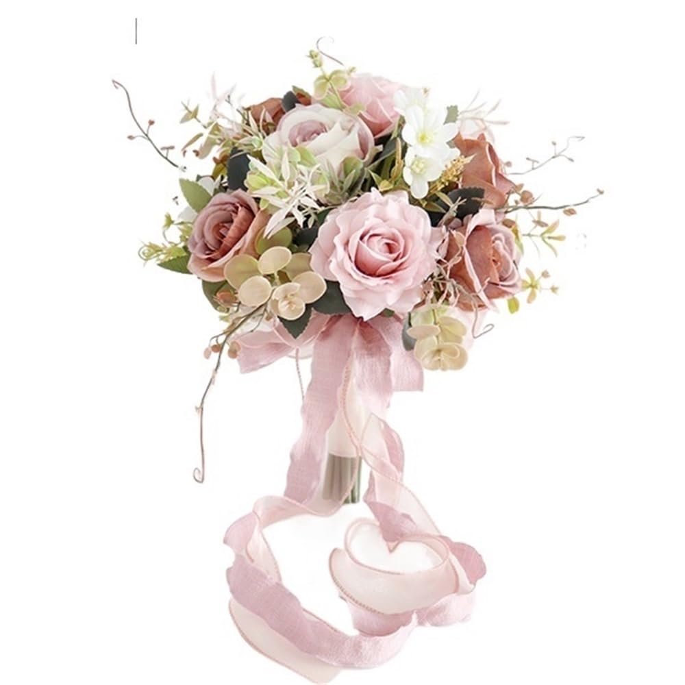 HUFFA Artificial Rose Wedding Bouquet - Handheld Floral Arrangement for Brides and Home Decoration(Pinkbrown)