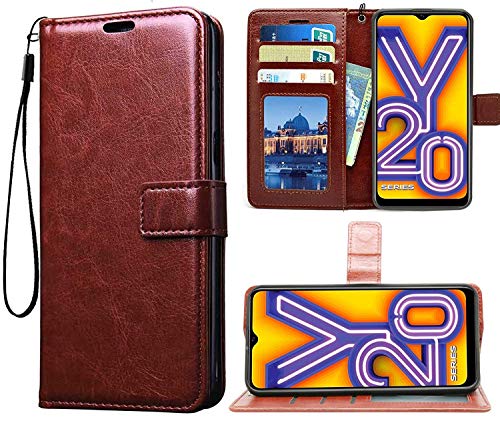 Image of Vintage Leather Flip Cover Compatible Model for Vivo V2037 / Vivo Y20G - Cherry Brown