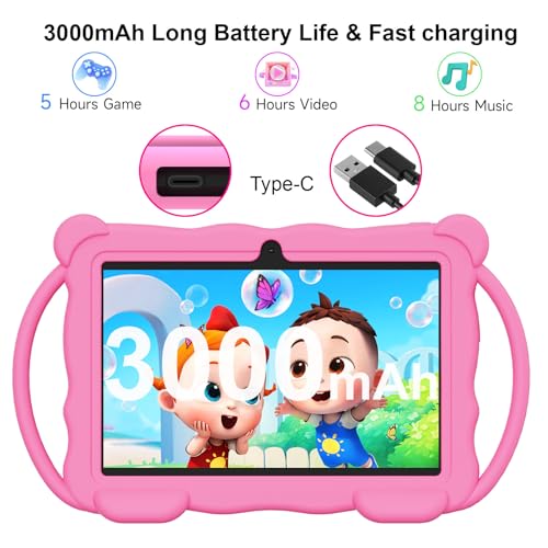 Image of Kids Tablet 7 inch Android 14.0 for Toddler, 4GB RAM 32GB ROM Bluetooth IPS Screen Google Play YouTube Parental Control Dual Camera Shockproof Case for Educational Games (Pink)