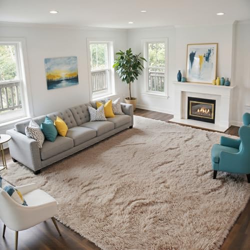yongyangjuxin Fluffy Rug Shag Area Rug, Beige 10x14 Area Rugs for Bedroom, Super Soft Shag Rugs for Living Room Bedroom Kids Room Home Decor, Upgrade Anti-Skid Rectangular Fuzzy Rug