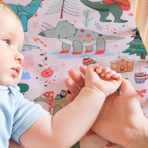 Image of JISEN Christmas Fitted Crib Sheets for Boys Girls 52x28 Inch Dinosaurs Pink