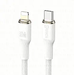 Cabo Trançado Nylon Compatível iPhon 14 13 12 11 X XR Pro Max Tipo C Lightnin Branco 1m HRebos Linha Premium 30w