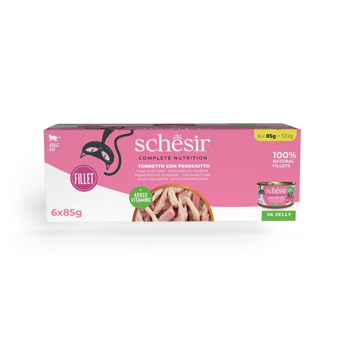 Schesir 100% Natural Tuna with Gelatin Ham Complete Wet Cat Food in Cans with Added Vitamins, 6 x 85 g