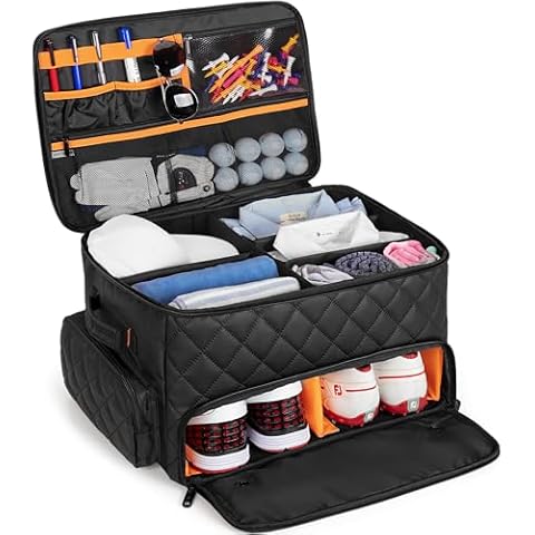 PGmoon 2 Layer Golf Trunk Organizer, Golf Car Storage Organizer with Individual Ventilated Compartment for 2 Pairs Shoes, Golf Car Locker for Balls, Clothes, Tees, Gloves, Accessories Cover
