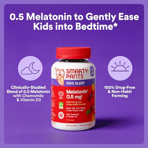 Image of SmartyPants Kids Sleep Melatonin 0.5mg Gummies with Chamomile & Vitamin D3, Gluten Free, Clean Label, Drug Free Sleep Aid, Strawberry Mango Flavor, 60 Gummies (30 Day Supply)