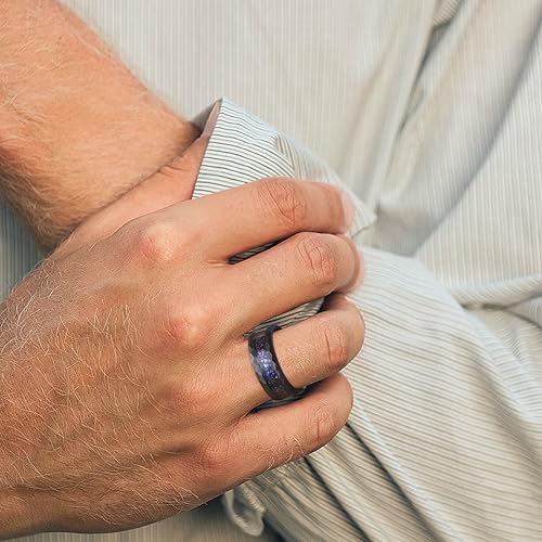 THREE KEYS JEWELRY 8mm Black Tungsten Rings for Men Unisex Hammered Wedding Band Engagement Ring Galaxy Opal Stone Inlay4