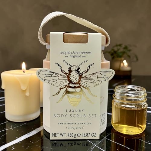 Asquith & Somerset Luxury Body Scrub Set with Wooden Brush, Sweet Honey and Vanilla Scented, 15.87 oz
