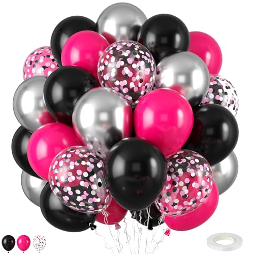 Image of Hot Pink and Black Balloons 50PCS 12 Inch Black Pink Silver Balloons
