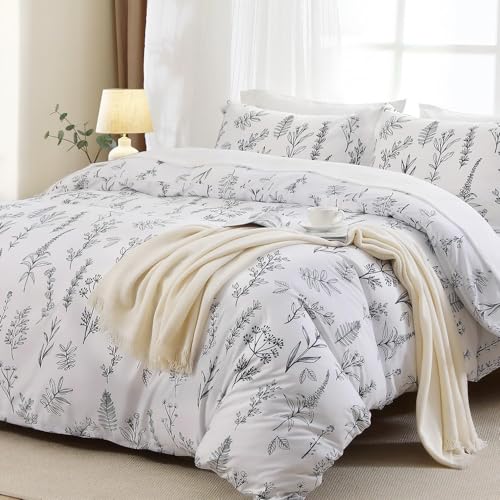 MUXHOMO Duvet Cover King Size, Reversible Floral White Duvet Cover Set with Zipper Closure, 3 Pieces Botanical Patterns Soft Microfiber Bedding Set (90"x104", 2 Pillow Cases 20"×36")