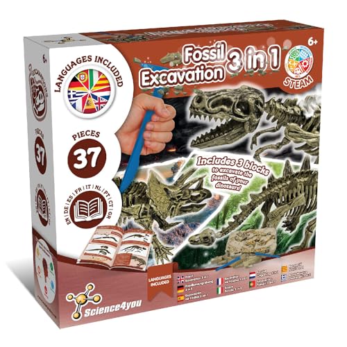 Science4you Excavación Fósiles Dinosaurios 3 en 1 - Juguete Dinosaurios para Niños 5 6 7 8 9 10+ Años - Juego Arqueologia con 37 Piezas, T Rex, Triceratops y Stegosaurus - Jurassic Kit Experimentos