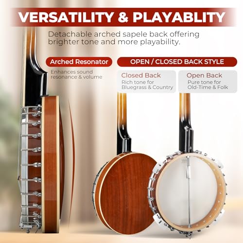 Image of Vangoa NYLON Banjo 5 String Kit, 38 Inch Full Size Banjo with Nylon Strings with Gig Bag, Premium Accessories Outfit, Starter Kit for Beginners Adults Teens, Brown