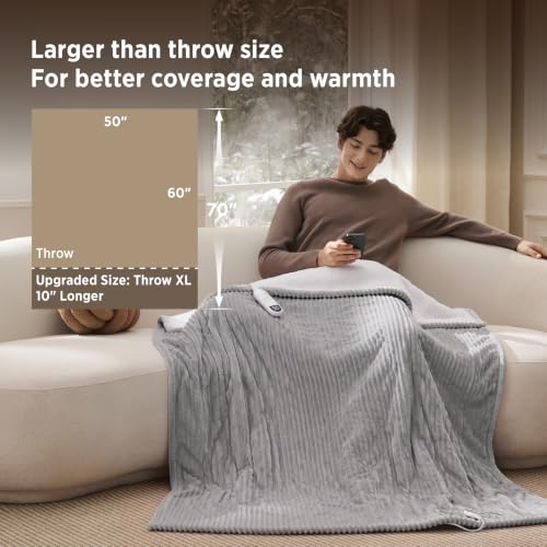 Image of Bedsure Ribbed Heated Blanket Throw XL, Preheat Electric Blanket Light Grey