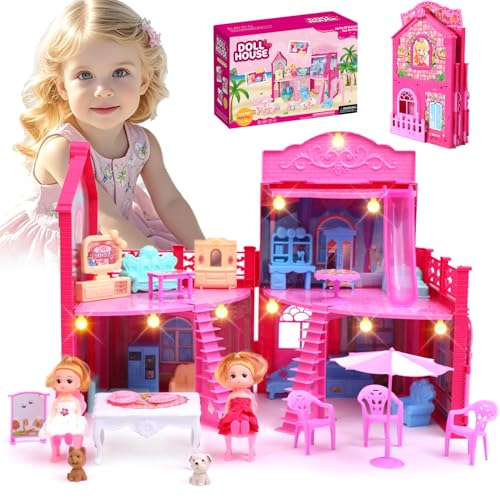 BRAITEN Doll House, with 4 Rooms, 2 Dolls, Toy Furniture Accessories, Pet Play Area?Slide Dollhouse Dlayset, Dollapsible Portable Playhouse with Lights for Little Girls