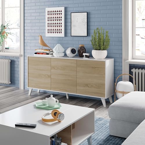 Aparador para salón comedor Zaiken Plus blanco brillo, mueble buffet Habitdesign con patas 3