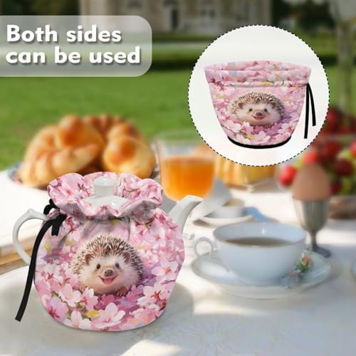 Image of Hedgehog Print Teapot Dust Cover Cherry Blossom Print Tea Cosy for Teapot Insulated Breakfast Warmer Drawstring Design Keep Warm Kitchen Decorations, Pink