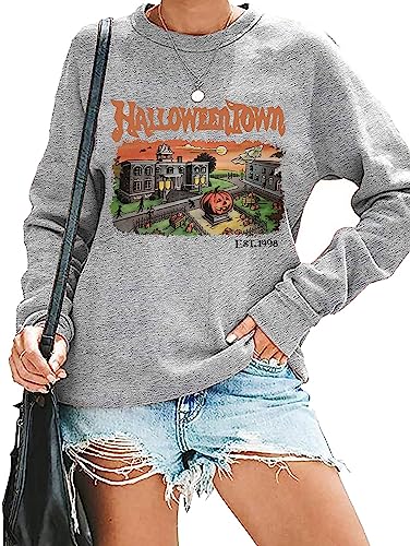QIANRUO Halloweentown Sweatshirt for Women Vintage Graphic Halloween Party Tees Fall Long Sleeve Crew Neck Pullover Tops (L Gray)