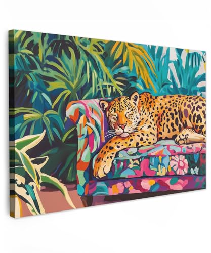 MuchoWow© Impression sur Toile Peinture 120x80 cm Tableau Mural Decoration Salon Reproductions de Tableaux Murale Moderne Léopard - Coloré - Tropical