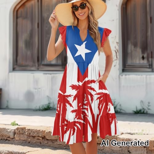 Image of Women's Casual Ruffle Sleeve Dress V Neck Pullover Dress Flowy A-Line Pleated Lightweight Dress with Pockets