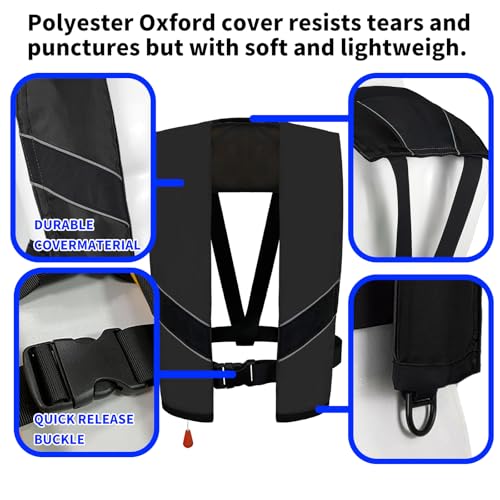 Manual Automatic Inflatable Life Jacket|Life Vest for Adults|PFD Low Profile|Supports up to 330 lbs (Black)