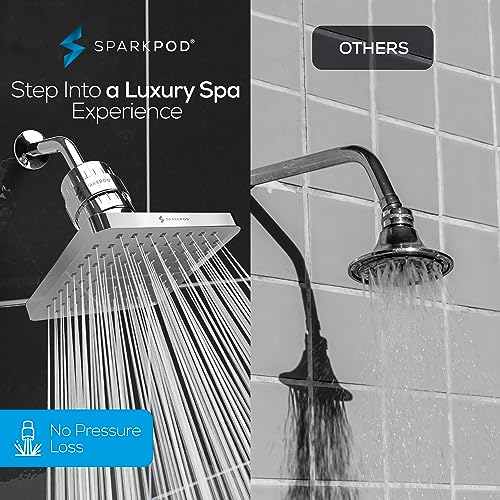 Image of SparkPod Filtered Shower Head, 23-Stage, 8 inch Square, Polished Chrome | Showerhead for Hard Water, High Pressure, Reduces Chlorine, Heavy Metals, For Dry Skin & Hair, Removable Capsule Filter