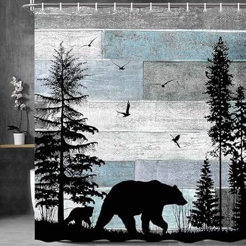 MERCHR Rustic Cabin Shower Curtain, Farmhouse Country Bear Forest Vintage Wood Decor Bath Curtain, Hunting Camping Waterproof Fabric Bathroom Accessories Set with Hooks 71x78 Inches Cover