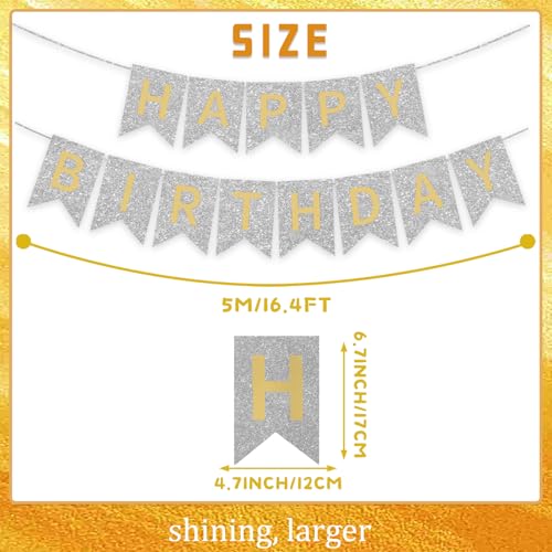 Image of Silver Happy Birthday Banner - 16 ft Pre-Strung Gold & Silver Birthday Party Decorations Sign for Girls, Boys, Kids, Women - No DIY Hanging Backdrop for Indoor & Outdoor Celebrations