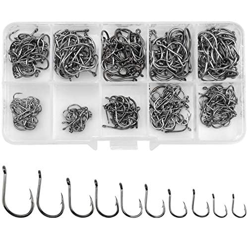 Foto von Jinlaili Angelhaken, 300 STK Kohlenstoffstahl Angelhaken in 10 Größen, Angelhaken mit Widerhaken, Angelhaken mit Öse, Angelzubehör mit Kunststoffbox, 3# - 12#